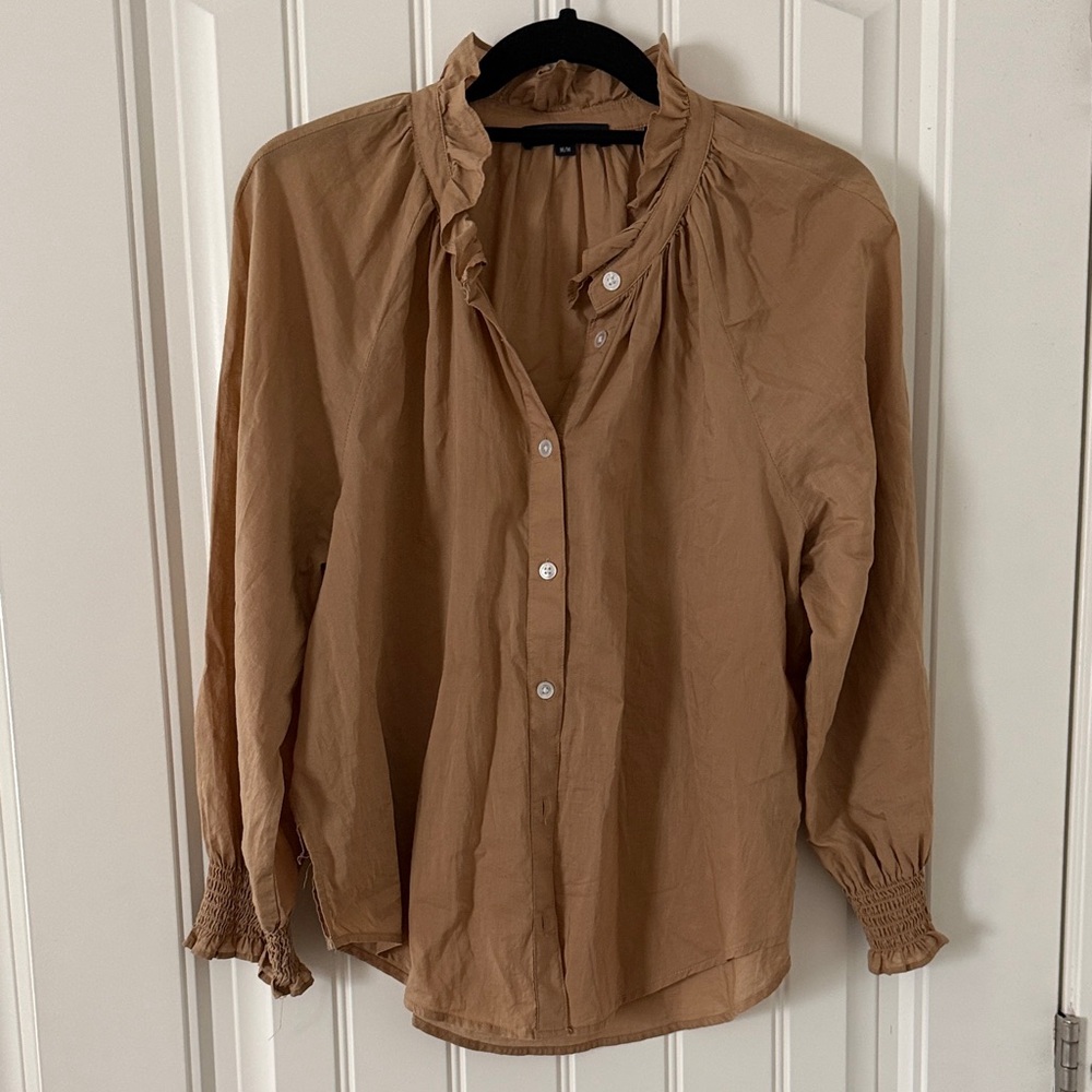 Veronica Beard Camel Blouse with Ruffle Detail